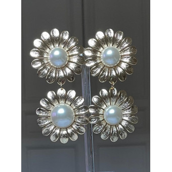 MARGUERITE Dble Métal doré Cabochons perle nacrée - Francine BRAMLI Paris
