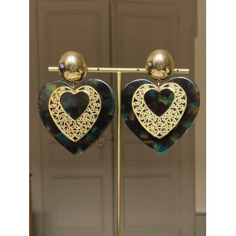 LOVE coeurs marron/bleu/vert & doré - Francine BRAMLI Paris