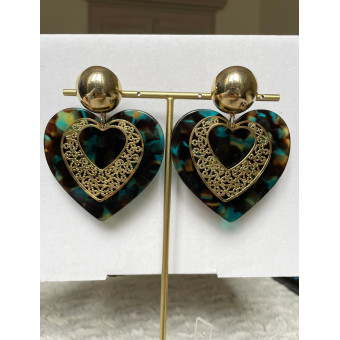 LOVE coeurs marron/bleu/vert & doré - Francine BRAMLI Paris