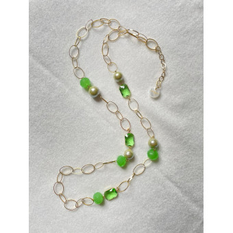 Sautoir LORIS cristal vert, perles de Majorque - FRANCINE BRAMLI Paris collier