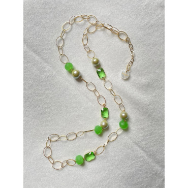 Sautoir LORIS cristal vert, perles de Majorque - FRANCINE BRAMLI Paris collier