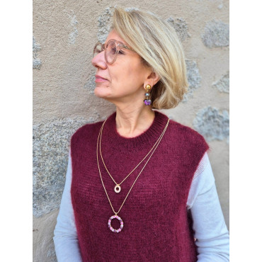 Collier DINO doré, cristal rose/prune - FRANCINE BRAMLI Paris