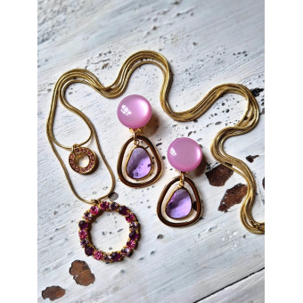 Collier DINO doré, cristal rose/prune - FRANCINE BRAMLI Paris