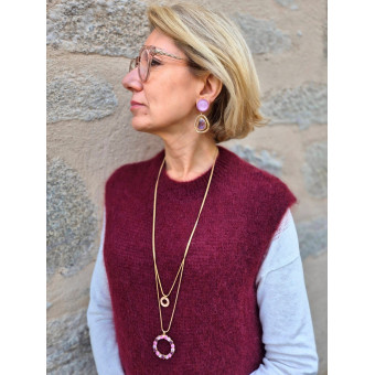 Collier DINO doré, cristal rose/prune - FRANCINE BRAMLI Paris