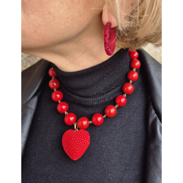 AMORE perles rouges & Coeur Galuchat - Francine BRAMLI Paris