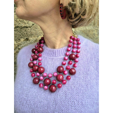 NELSON 3 rangs perles & pierres naturelles rose/Bx - Francine BRAMLI Paris