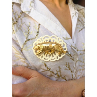 Broche FÉLIN doré blanc - Francine BRAMLI Paris