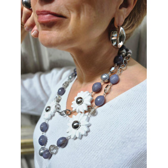 Sautoir FLOR Blanc Argent Gris - Francine BRAMLI Paris Collier