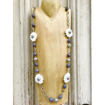 Sautoir FLOR Blanc Argent Gris - Francine BRAMLI Paris Collier