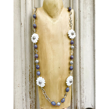 Sautoir FLOR Blanc Argent Gris - Francine BRAMLI Paris Collier