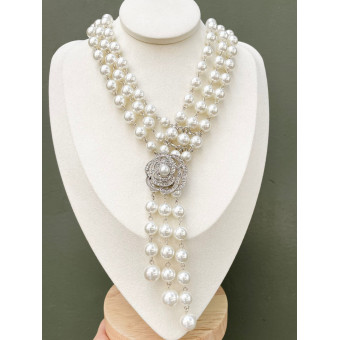 Sautoir WINDSOR perles nacrées, Fleur cristal - Francine BRAMLI Paris Collier