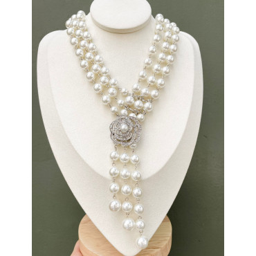 Sautoir WINDSOR perles nacrées, Fleur cristal - Francine BRAMLI Paris Collier