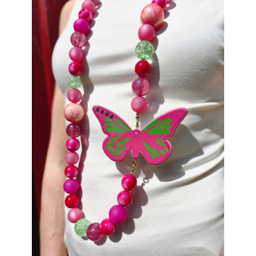 Sautoir PAPILLON rose vert - Francine BRAMLI Paris Collier