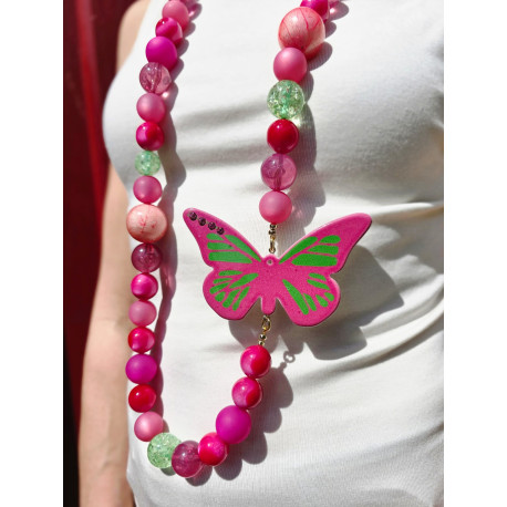 Sautoir PAPILLON rose vert - Francine BRAMLI Paris Collier
