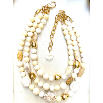 Collier COQUILLAGES 3 rangs Ivoire Dor - Francine BRAMLI Paris