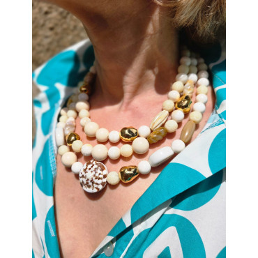 Collier COQUILLAGES 3 rangs Ivoire Dor - Francine BRAMLI Paris