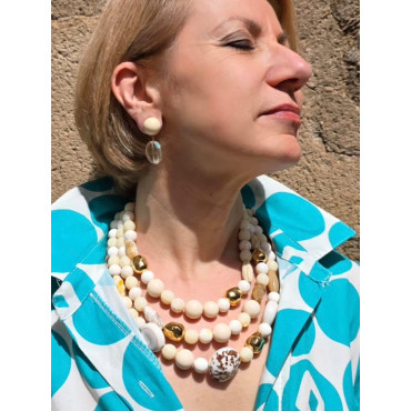 Collier COQUILLAGES 3 rangs Ivoire Dor - Francine BRAMLI Paris