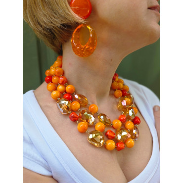 Collier REGIS 3 rangs perles Orange & cristal - Francine BRAMLI Paris