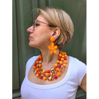 Collier REGIS 3 rangs perles Orange & cristal - Francine BRAMLI Paris