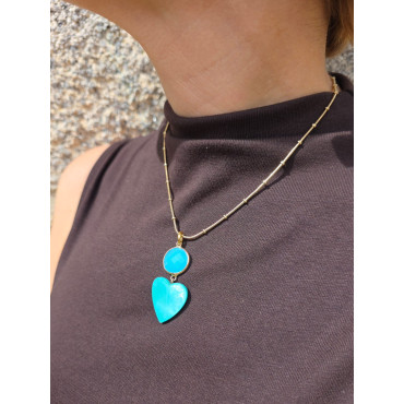 Collier AMORE coeur en nacre turquoise & cristal - Francine BRAMLI Paris