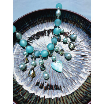 Collier PAMPILLES bleu turquoise perles & cristal - Francine BRAMLI Paris