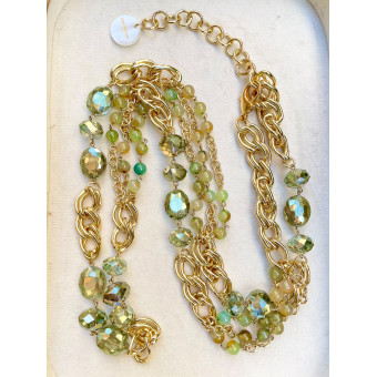 Sautoir LORENZO perles vert kaki & cristal - Francine BRAMLI Paris
