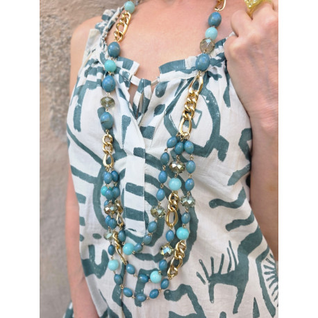 Sautoir LORENZO perles vert kaki & cristal - Francine BRAMLI Paris Collier