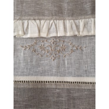 Brise-Bise Lin Ecru Gris Volant Broderie 60 X 90    Rideau N°221