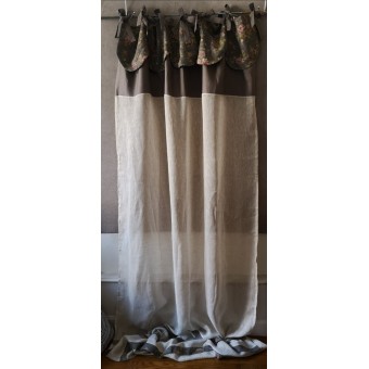Paire de Rideaux Lin Grège Cantonnière Marron à Fleurs 135 X 270  N°409