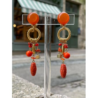 SOFIA doré & orange - Francine BRAMLI Paris, boucles d'oreilles à clips