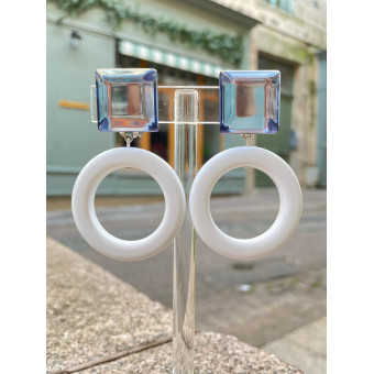 CREOLES blanc Cabochon miroir bleuté - Francine BRAMLI Paris