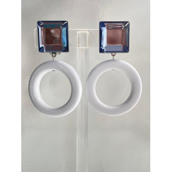 CREOLES blanc Cabochon miroir bleuté - Francine BRAMLI Paris